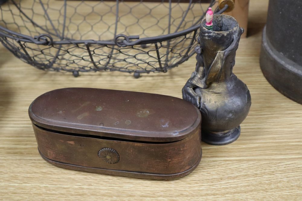A Merryweather painted leather fire bucket, 11in. and an assortment of domestic utensils (13)